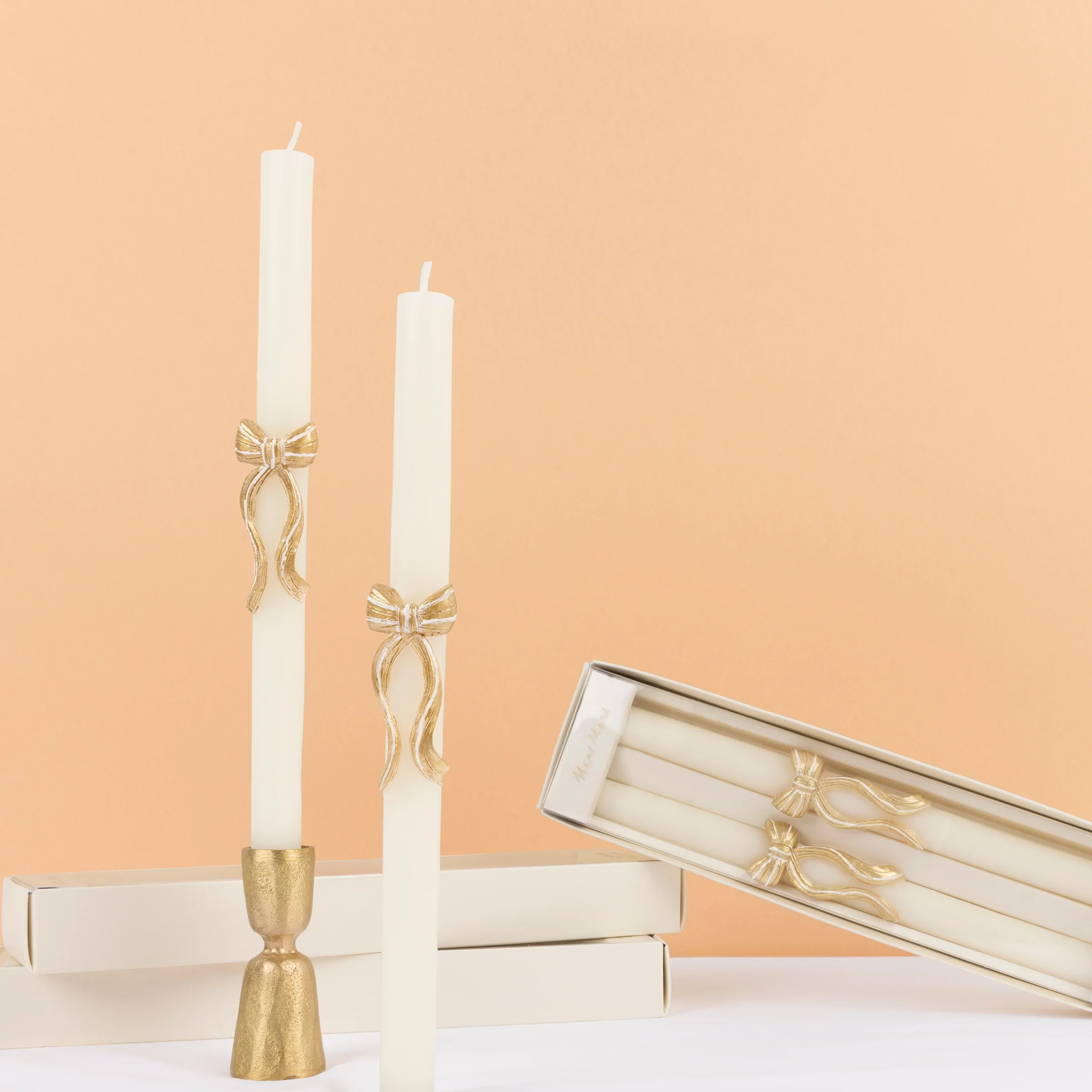 Gold Stripy Bow Table Candles (x 2)