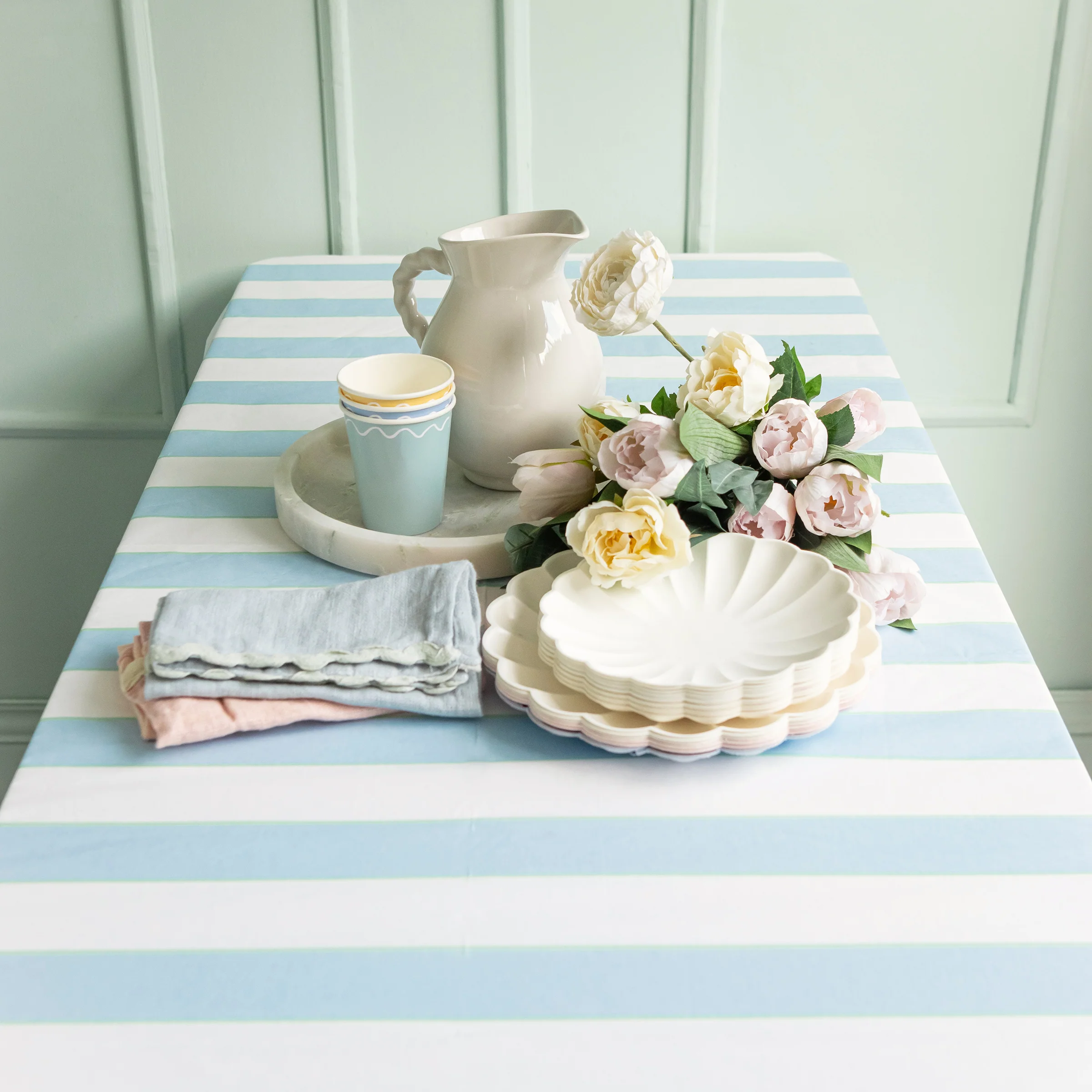 Pale Blue Striped Paper Tablecloth - Image 2