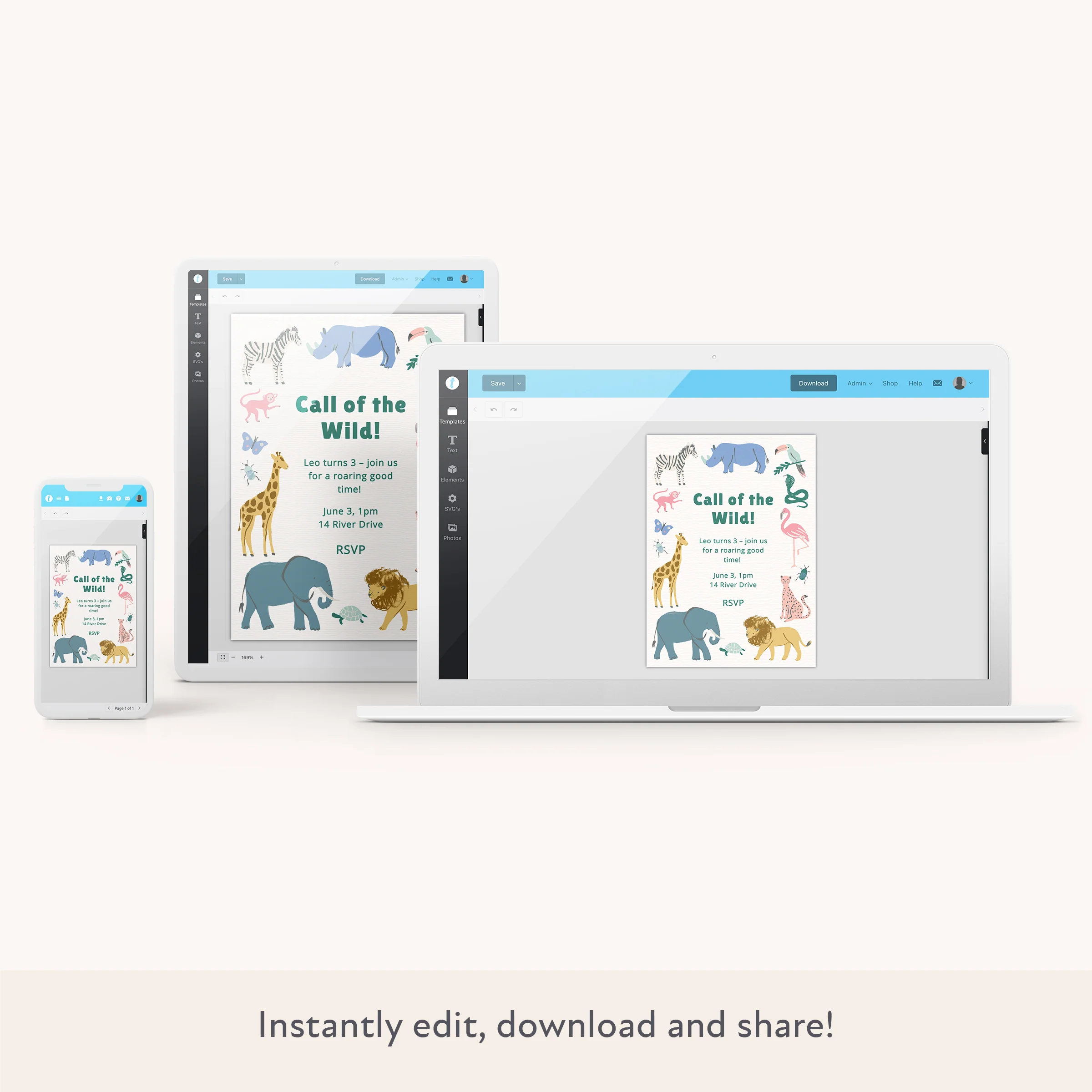 Safari Animals Download & Print Invitation - Image 2